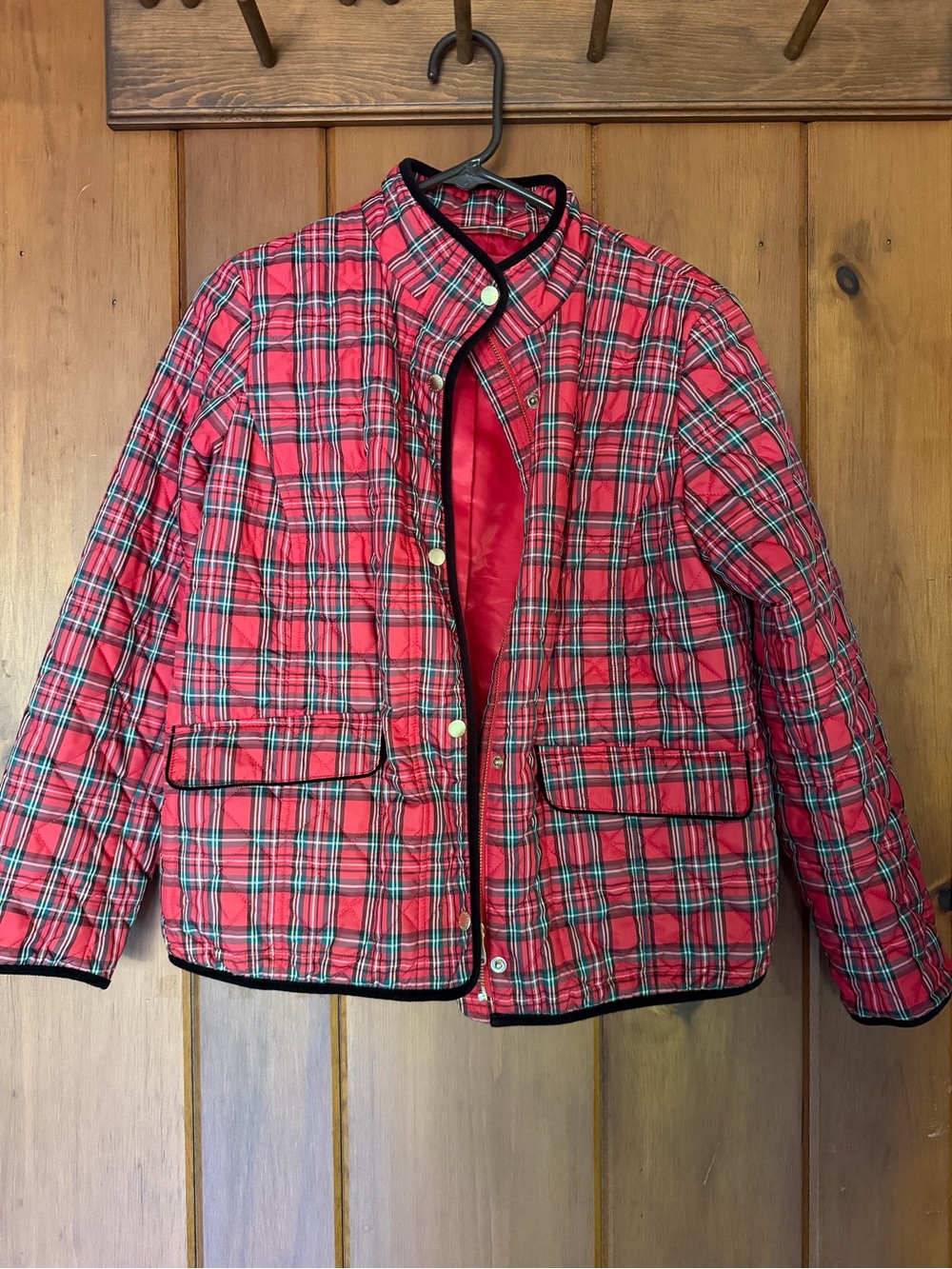 Talbots Red Plaid Quilted Jacket with Black Trim